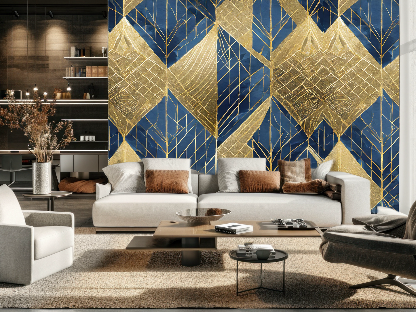 Wallpaper Gold and Royal Blue Geometric