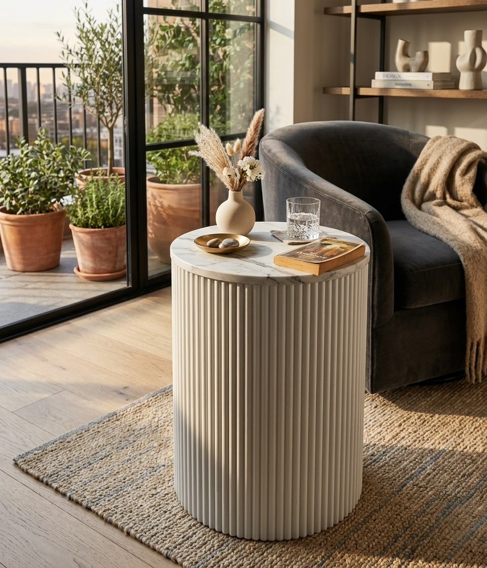 Fluted Marble Storage Side Table