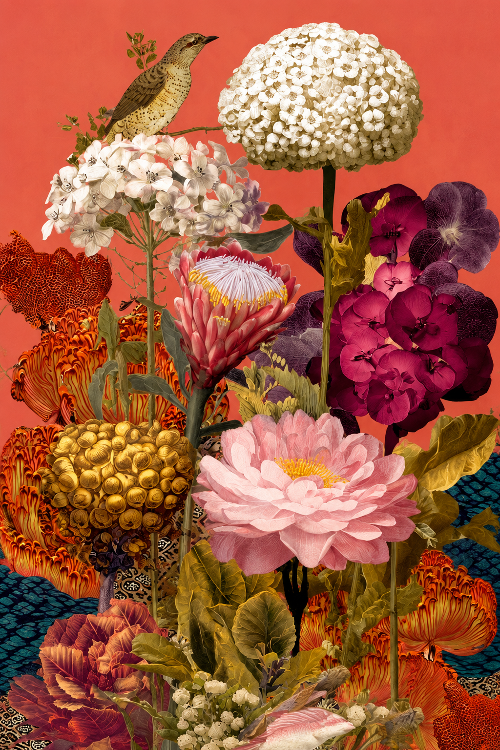 Wallpaper Birdsong Botanica in Orchid Sunset