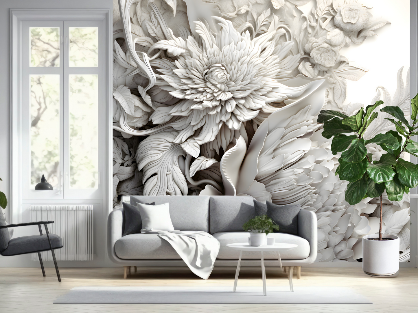 Wallpaper 3D Floral Ivory