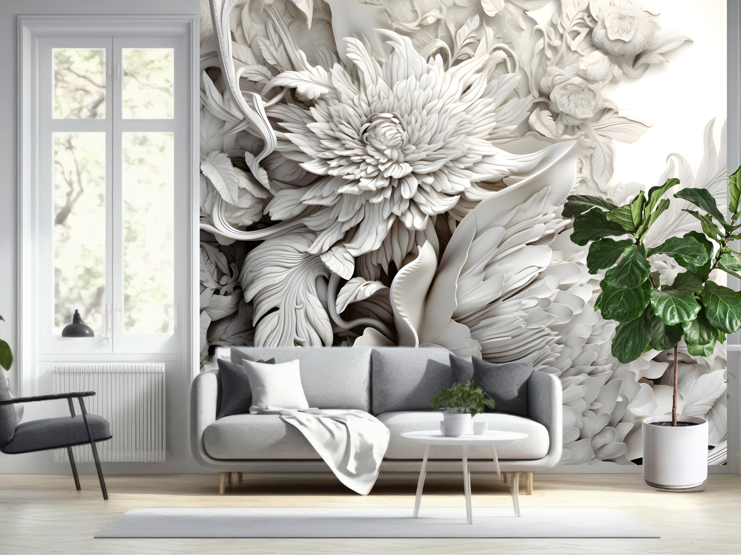 Wallpaper 3D Floral Ivory